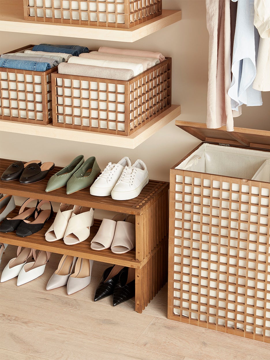 Closet with shoe rack and baskets by The Container Store x KonMari