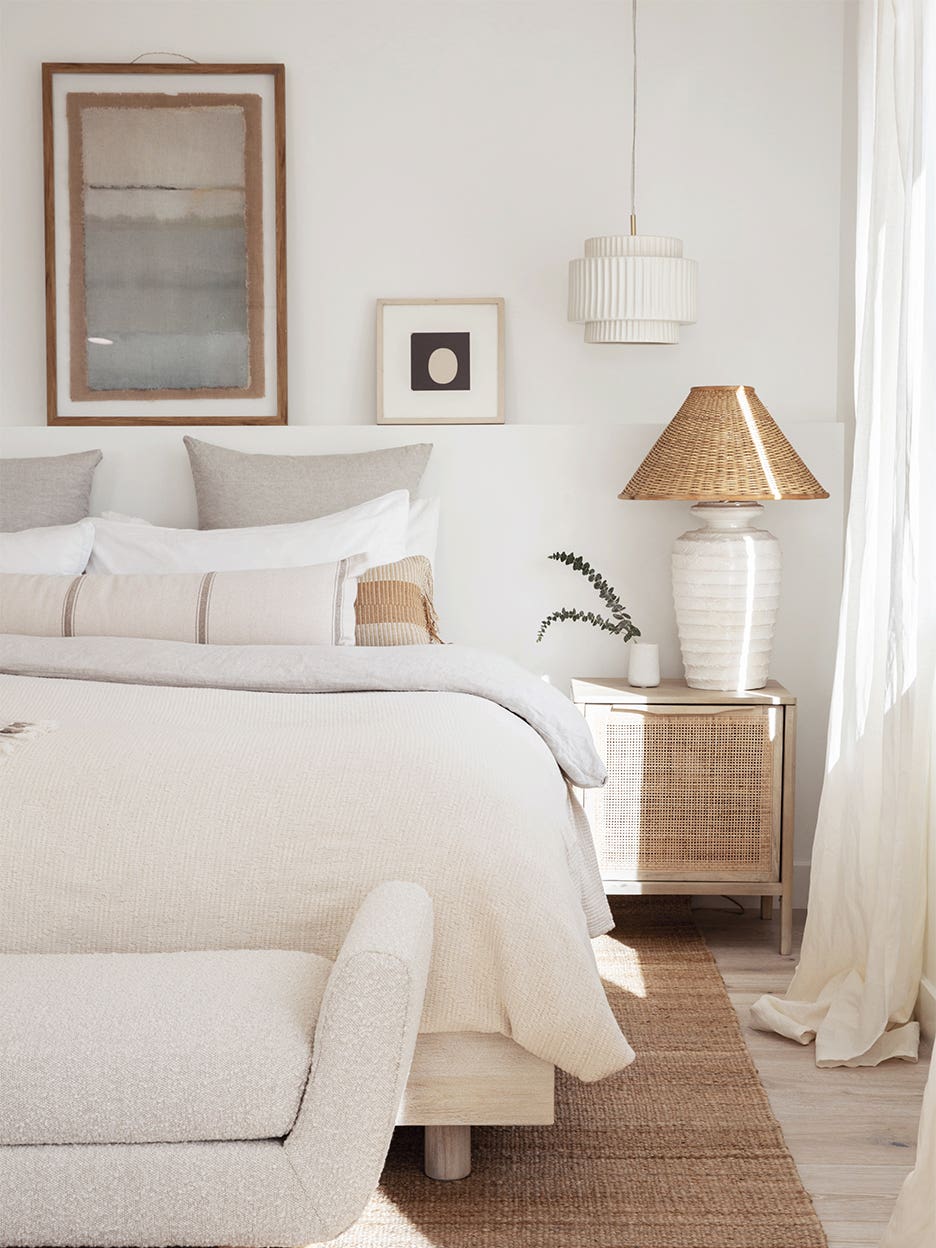airy bedroom with white bedding