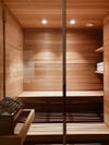 wood sauna with lights on