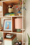 shelving unit with pastel colored objects