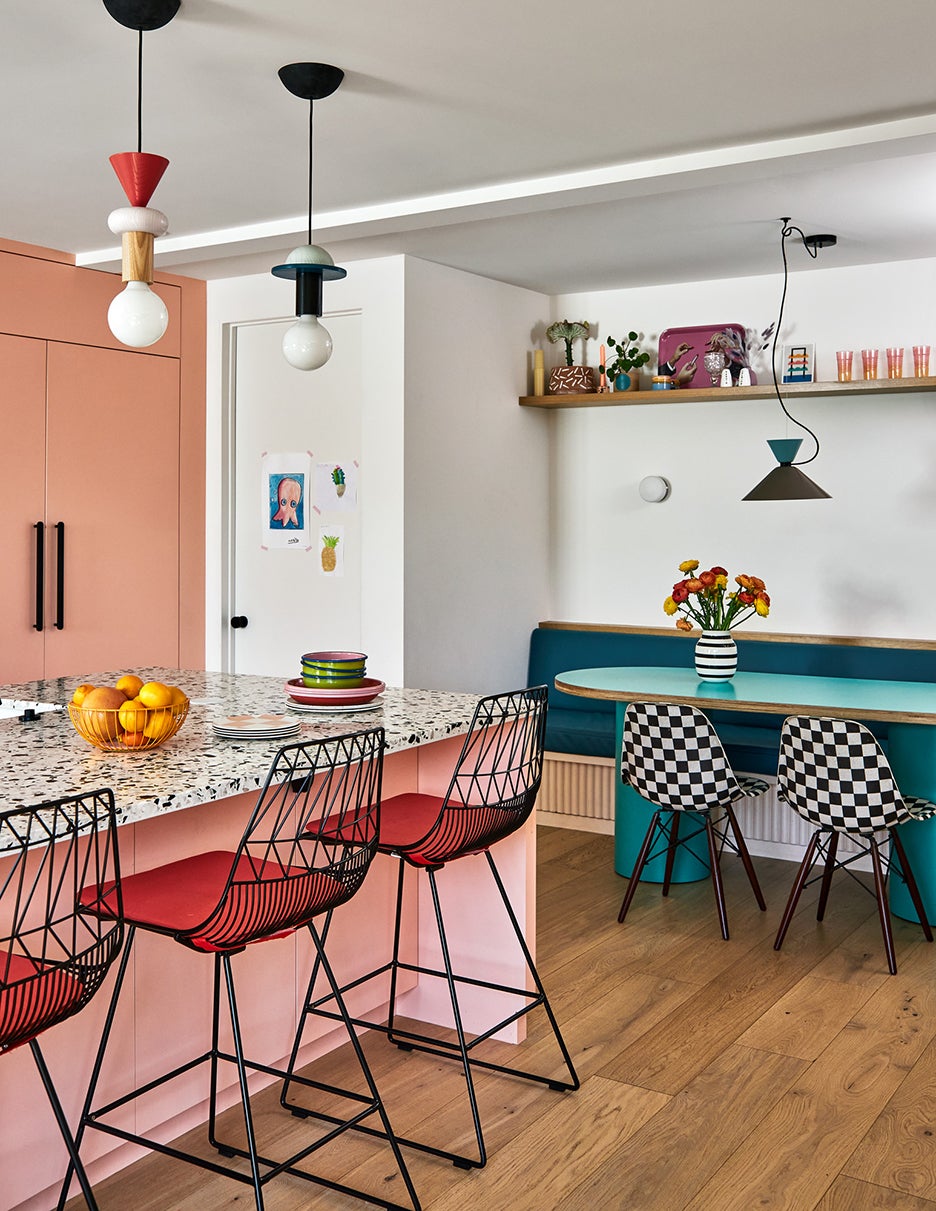 pink and blue kitchen