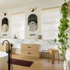 wood and marble bathroom vanity