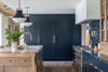 dark blue wall of cabinets