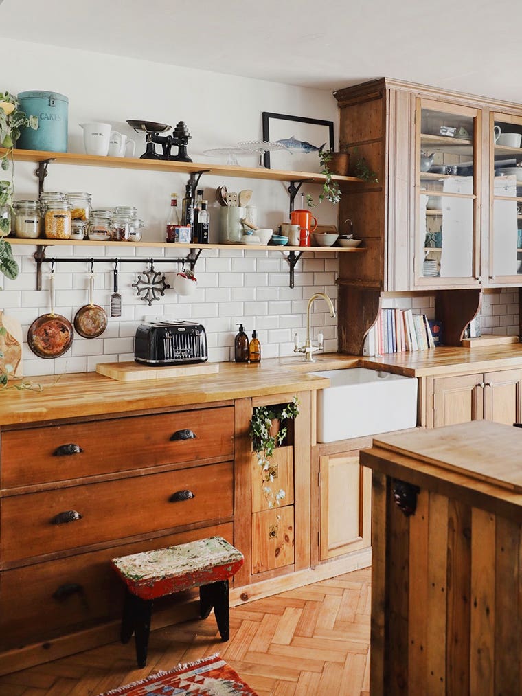 natural wood kitchen with used cabinets