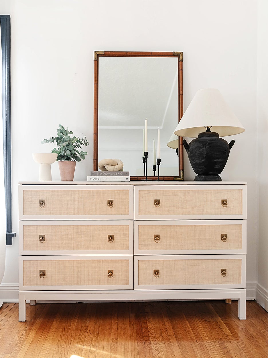 fabric dresser with mirror leanign on top