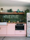 tiny pink kitchen - best brand of paint for kitchen cabinets