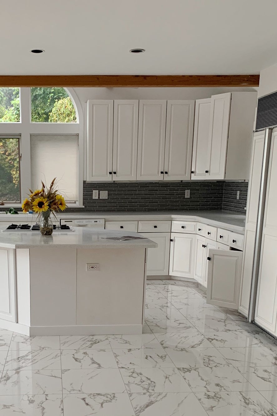 white floor and cabinets
