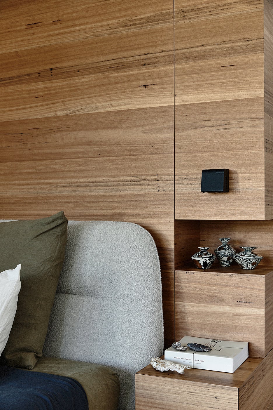 bedroom with wood built-in nighstands