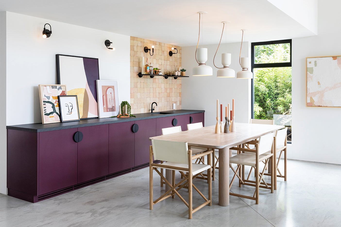 dining room with purple bar cabinet