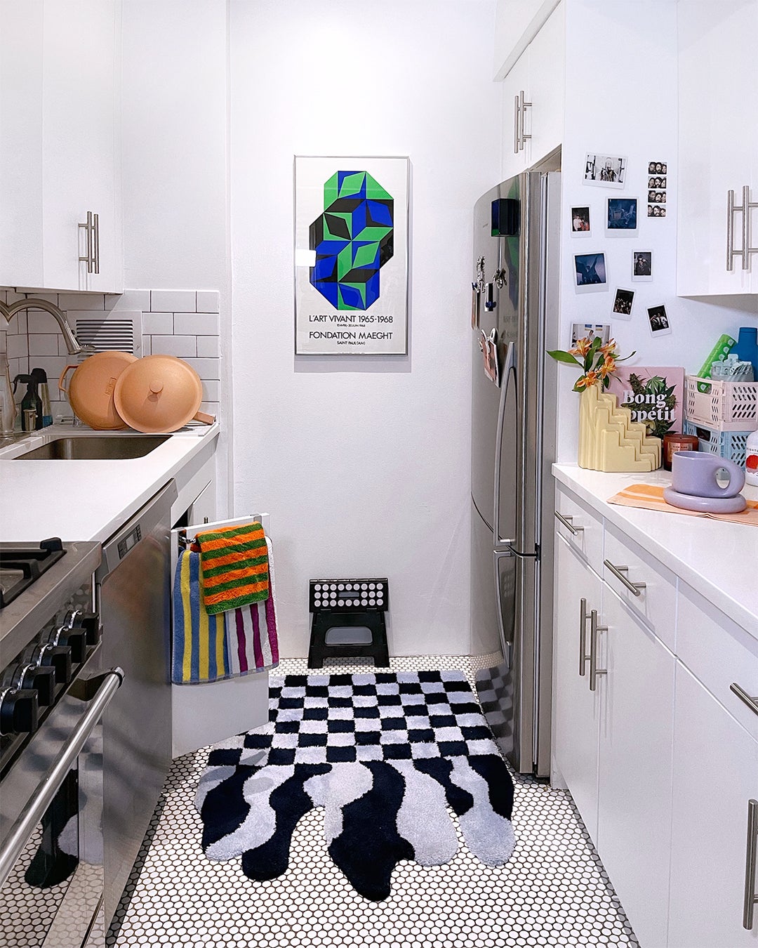 white kitchen with colorful graphic textiles