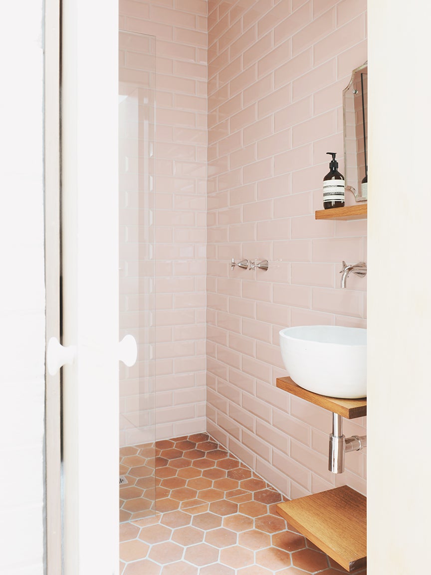 blush pink tile bathroom
