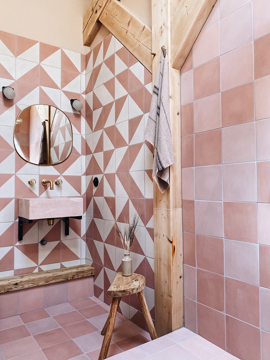 graphic pink tiled bathroom