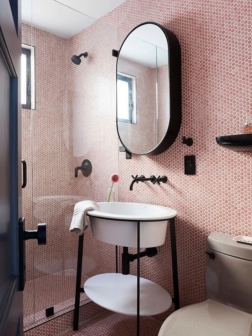 black and pink bathroom