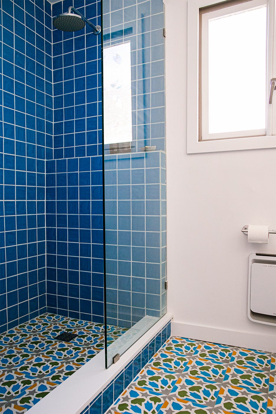 Blue tiled bathroom with white walls