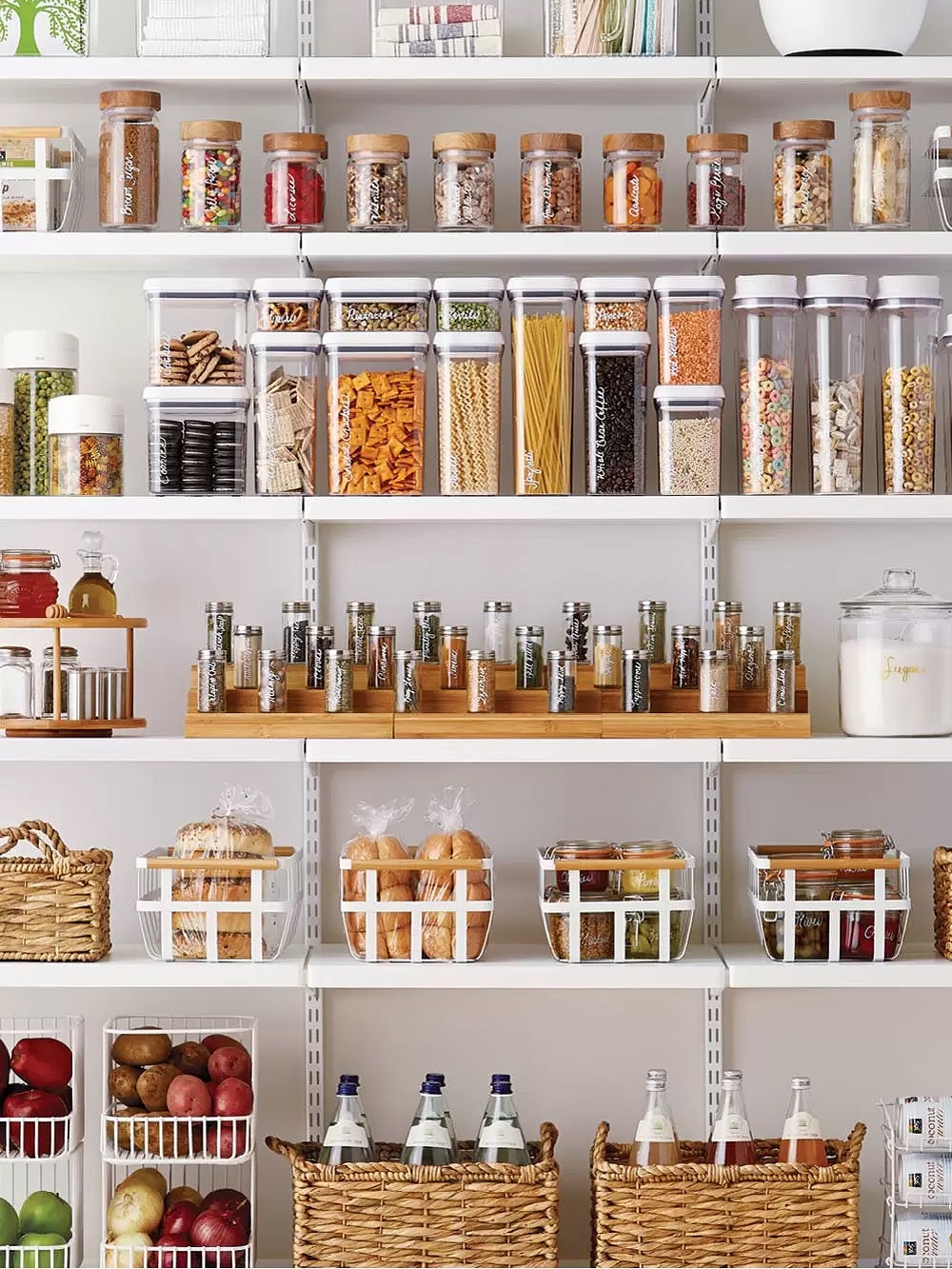 Organized pantry with baskets and bins