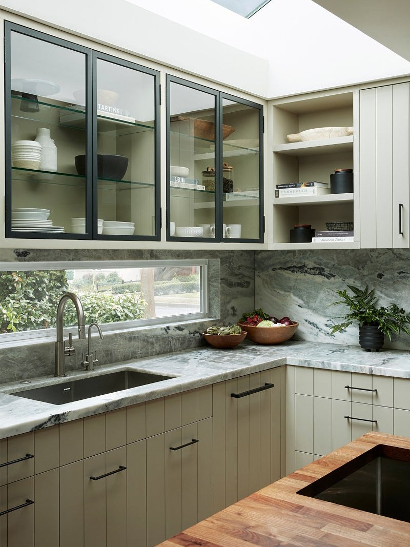 gray and glass cabinets
