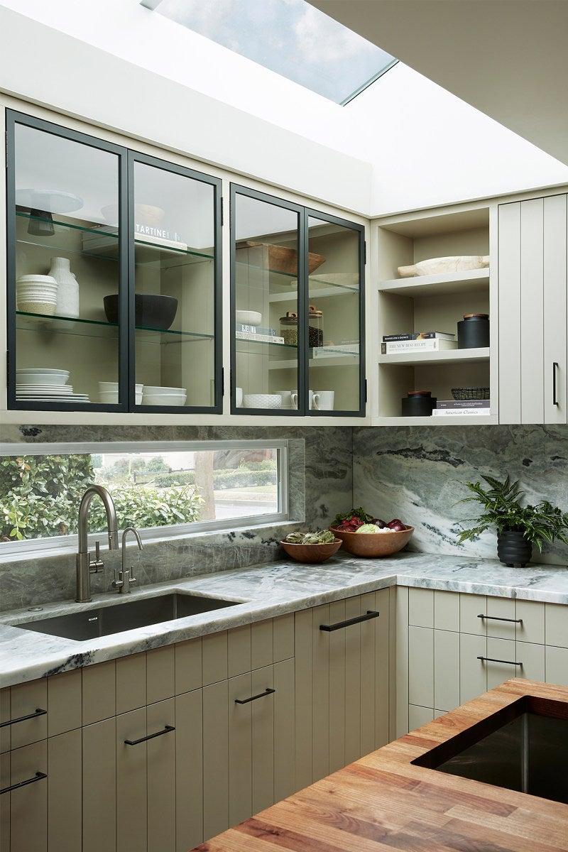 gray and glass cabinets