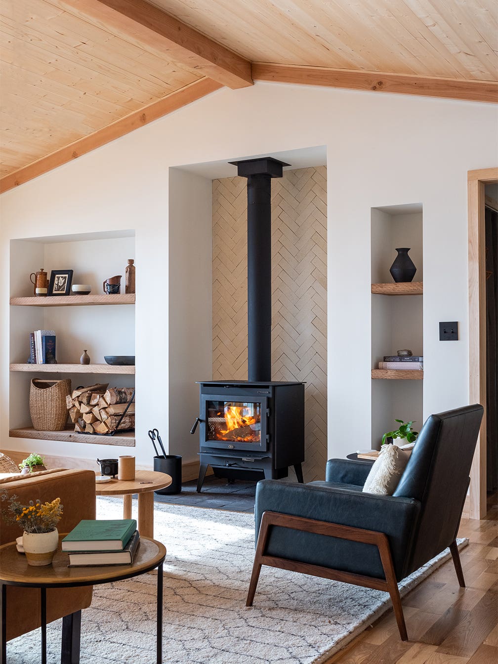 wood-burning stove in airy living room
