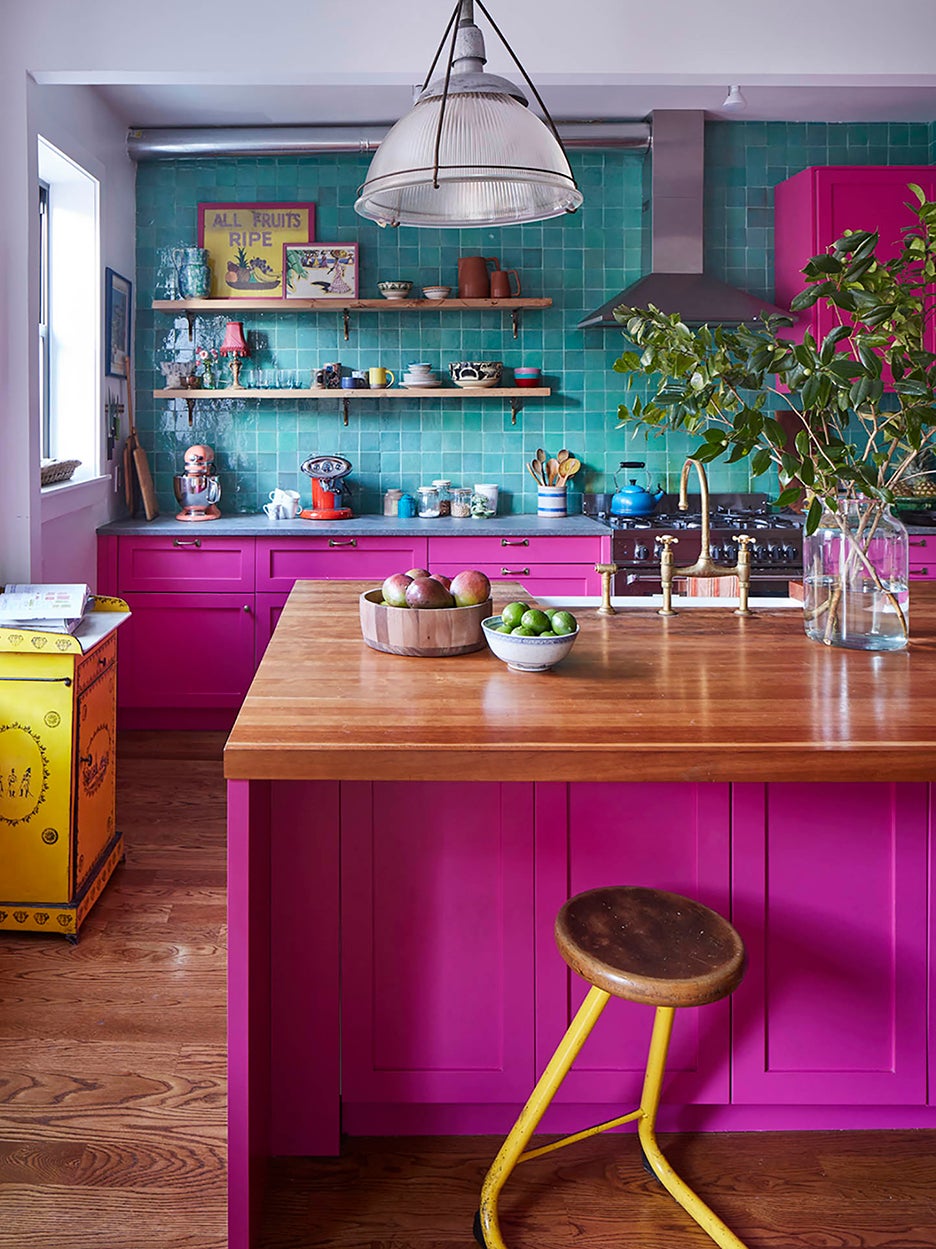 Magenta kitchen with IKEA cabinets