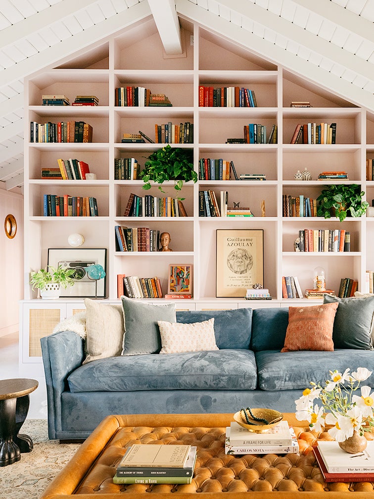 pink living room bookcase