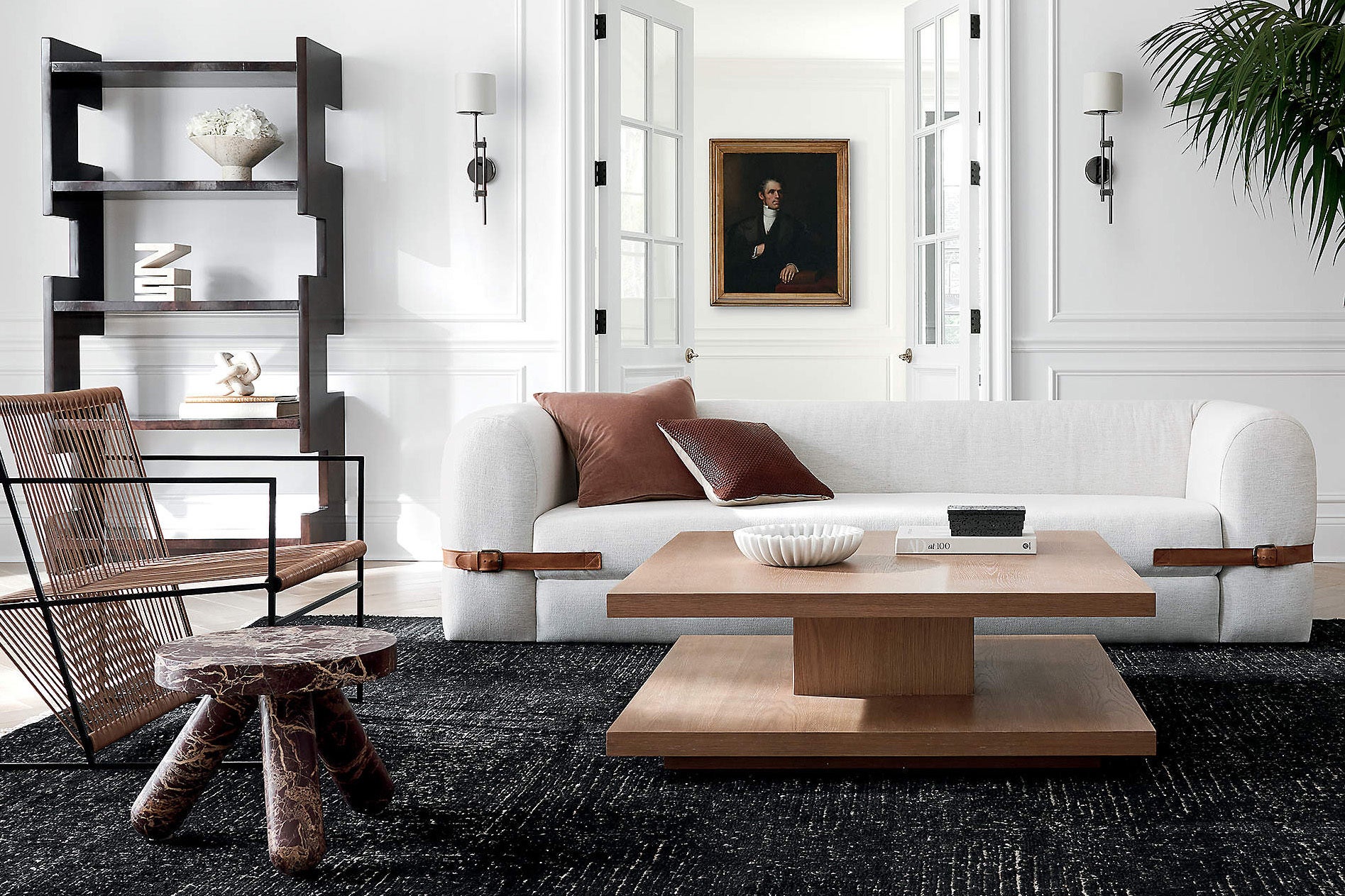 wood table in front of white sofa