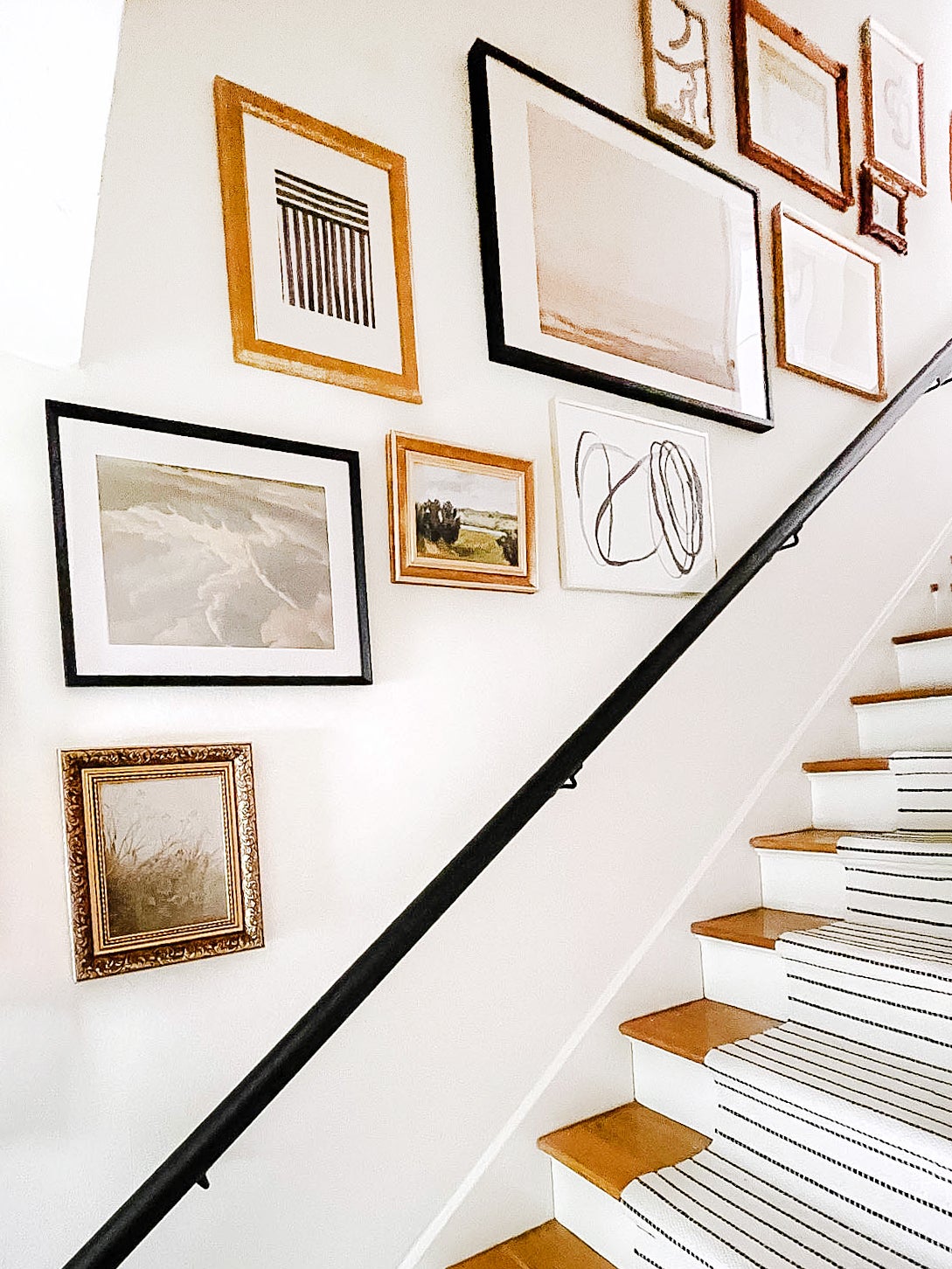 Gallery Wall, Brass Frames, Stairs