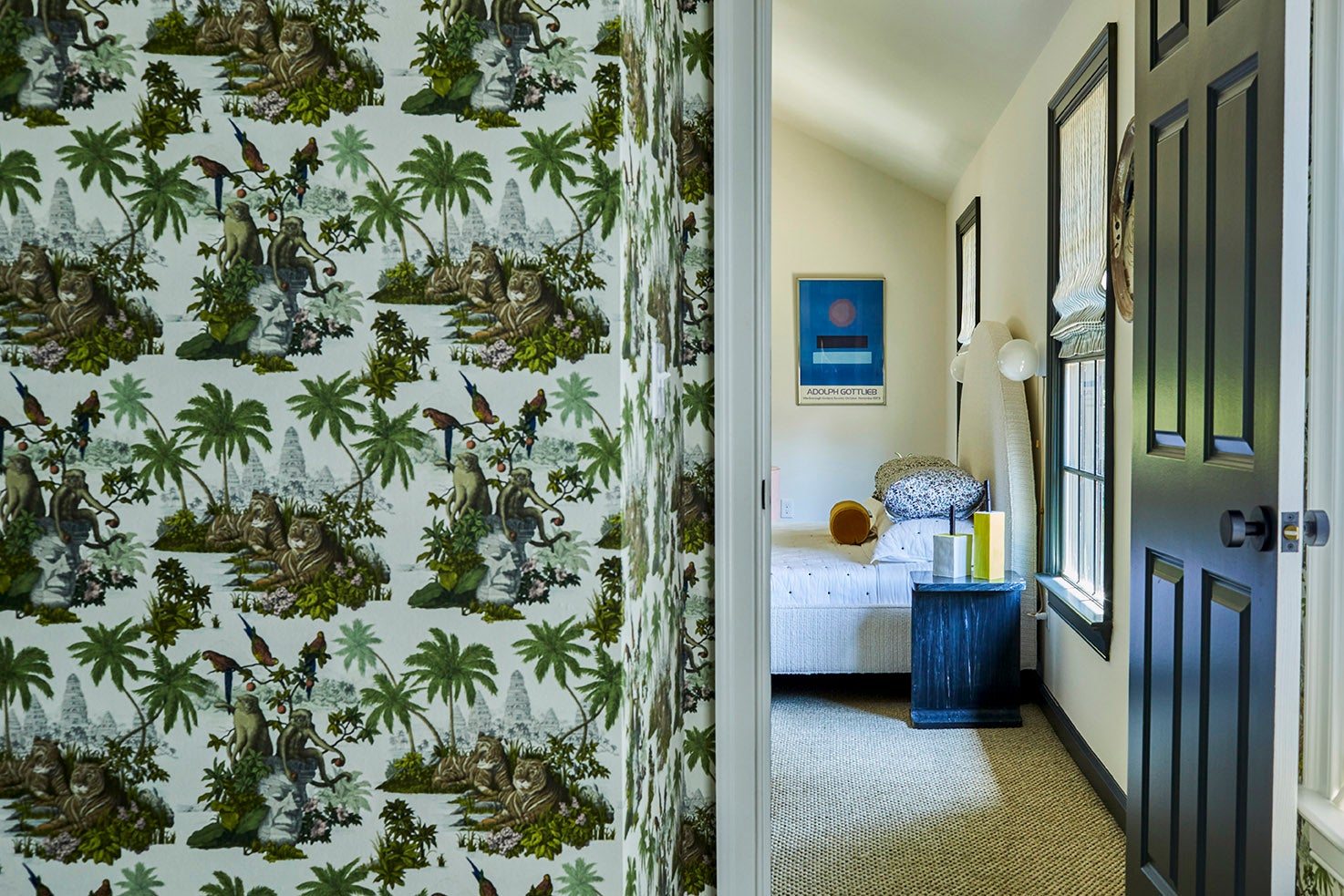 hallway with jungle wallpaper