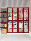 white and red book shelves