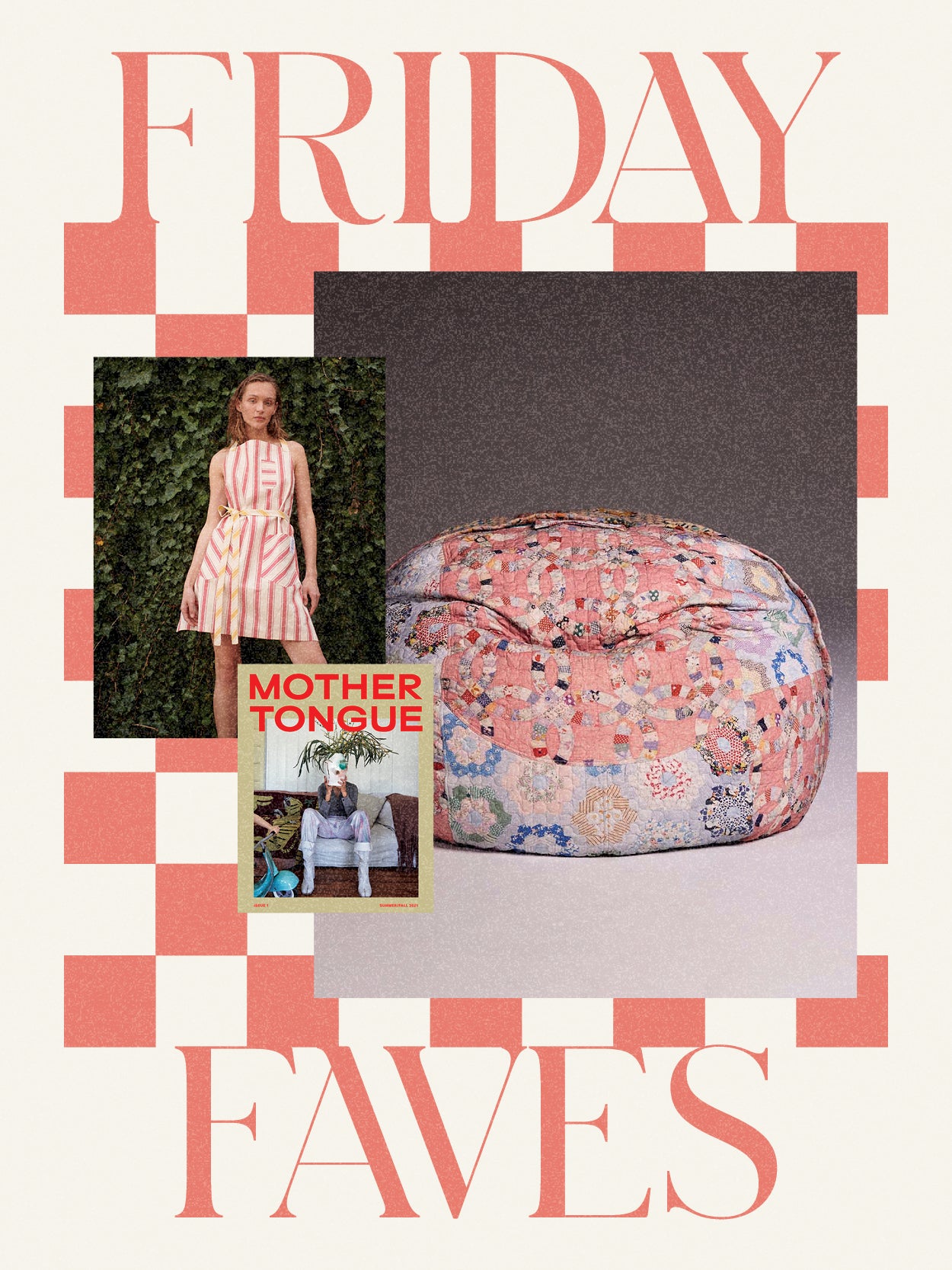 floral bean bag, magazine and model with a striped apron