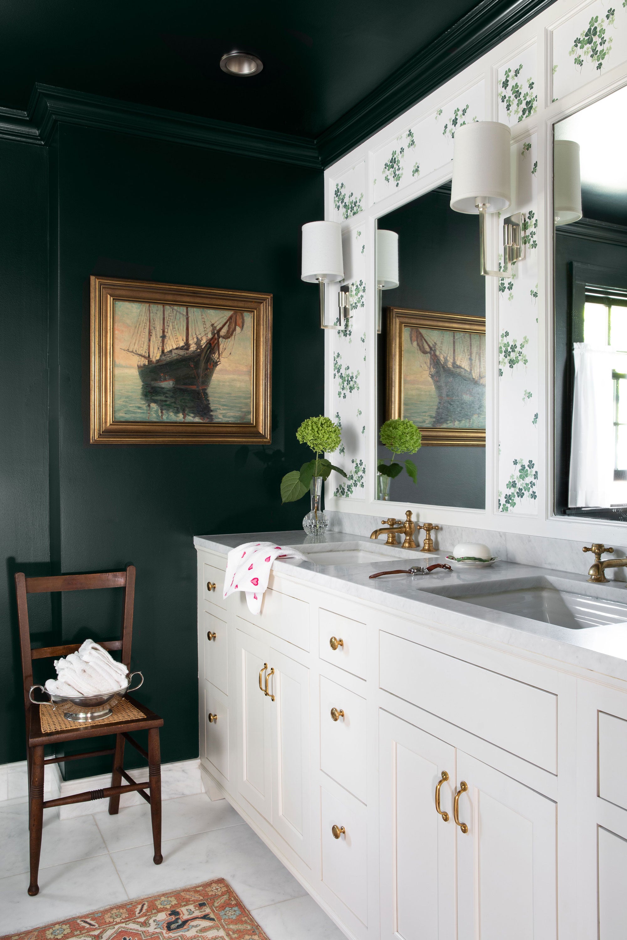 Green Bathroom with White Vanity