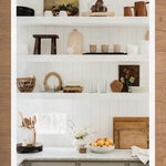 Open Floating Shelves in White Shiplap Kitchen