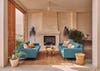 outdoor living room with turquoise couches
