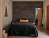 bedroom with black bedding and black wall paint