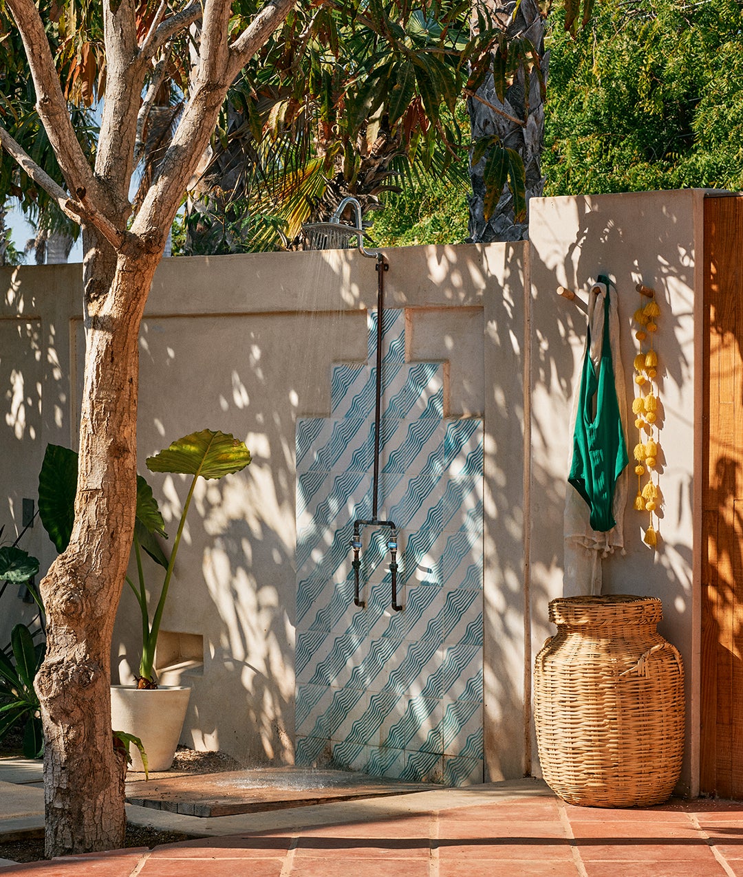 blue and white striped outdoor shower