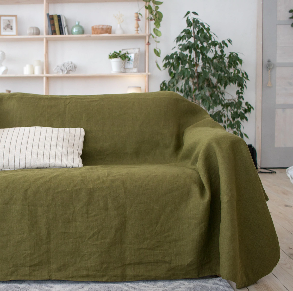 Green Linen Sofa Cover Draped