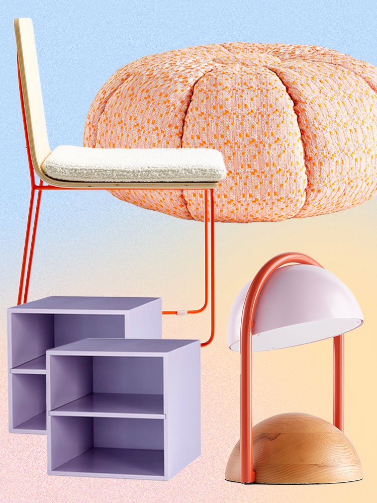 desk chair, pastel lamp, peach pouf and purple dividers