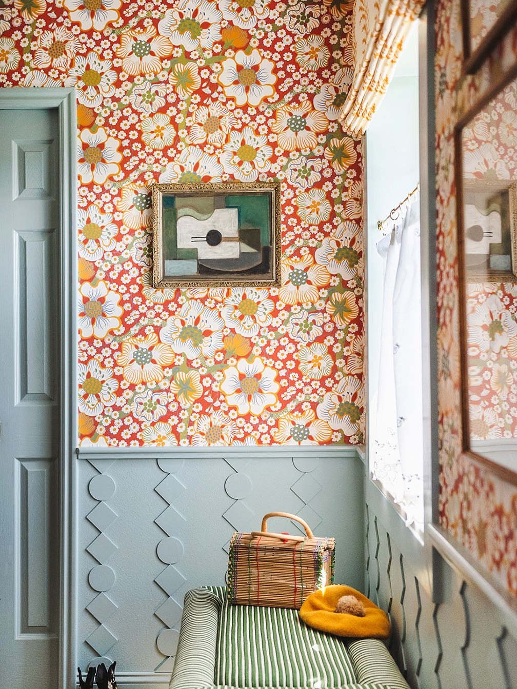 red wallpapered bathroom
