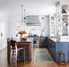 Blue and White Kitchen With Wood Tones