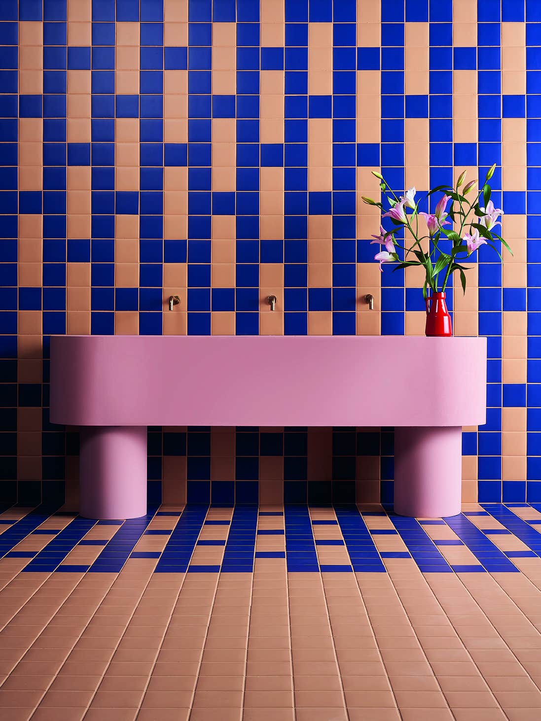 tiled wall and pink console table