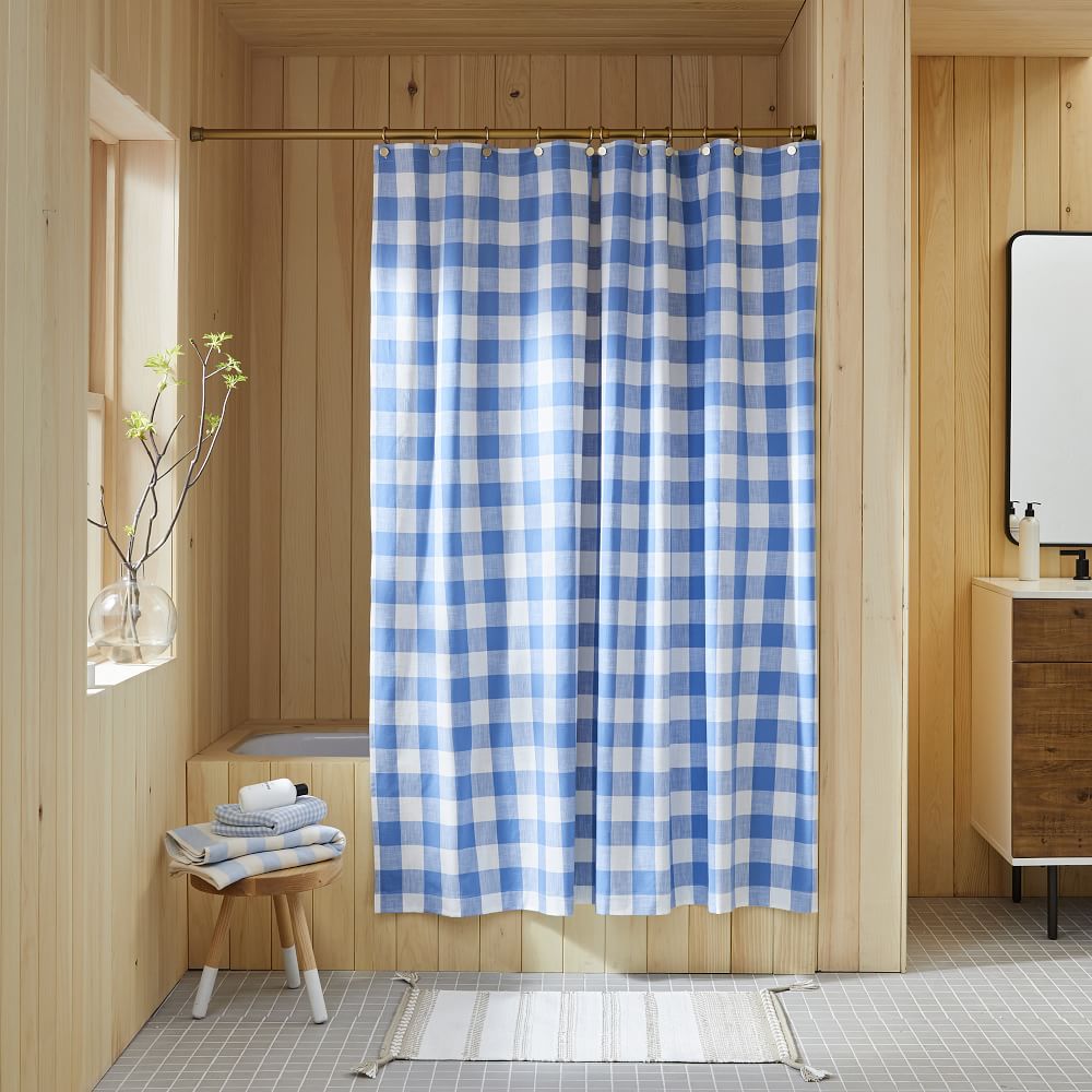 Blue and white gingham shower curtain