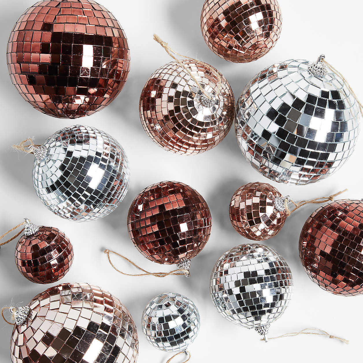 Disco ball Christmas ornaments of various sizes