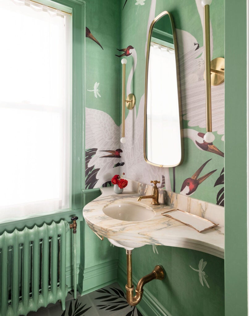 Green Bathroom with Gucci Wallpaper