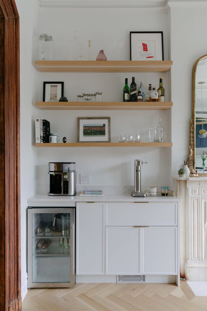 white bar cabinets with open shelves
