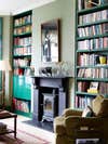 green living room with bookshelves and black fireplace