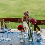 indigo patterned table runner at wedding