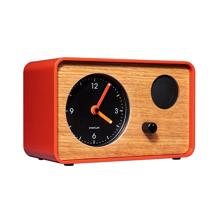 wooden and red alarm clock