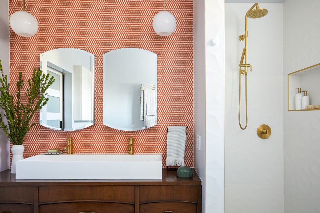 orange tiled bathroom in los angeles