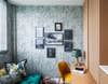 office corner, white and green wallpaper and lamp, green sofa