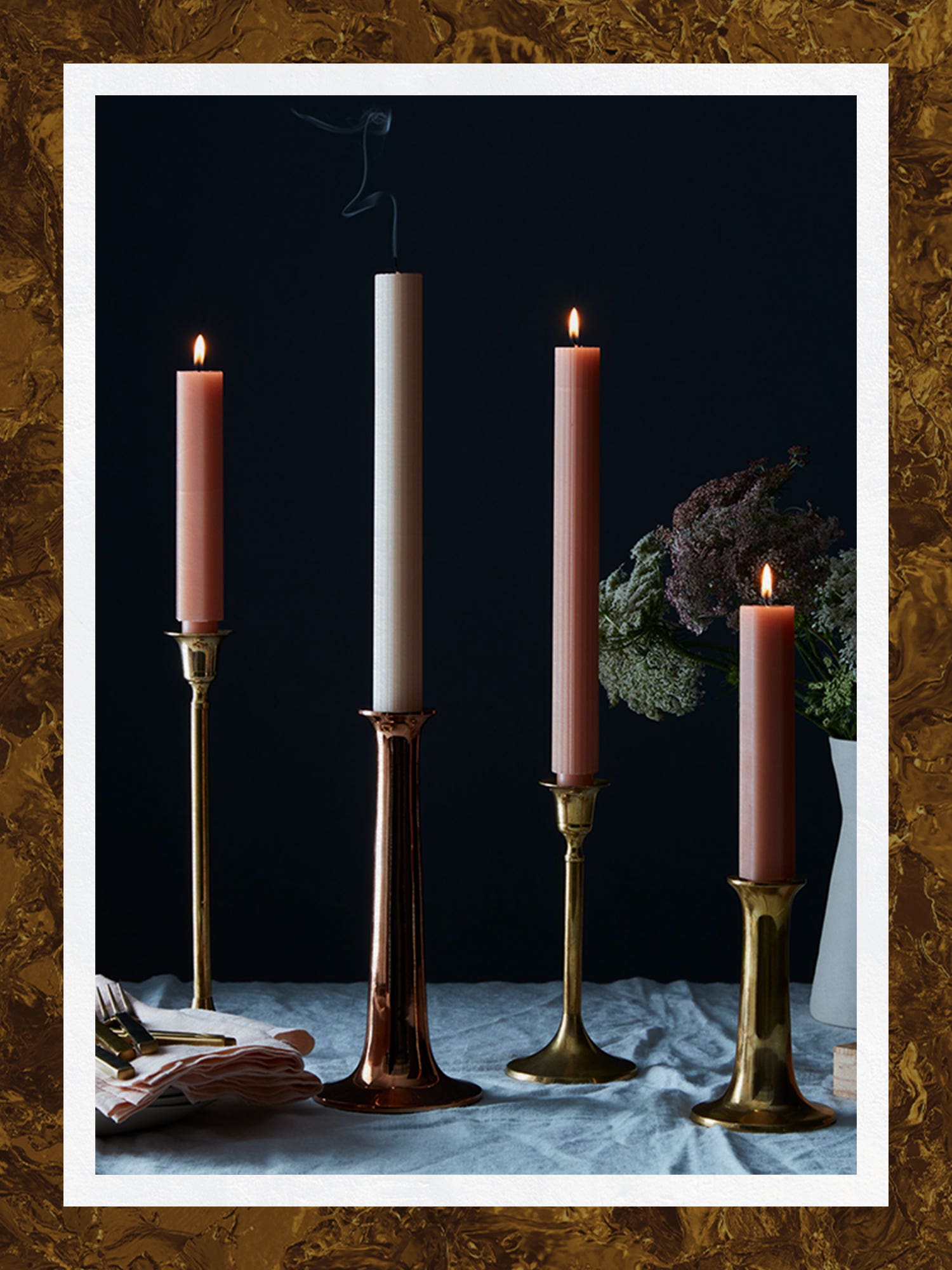 Taper Candles on Brass Candlestick Holder