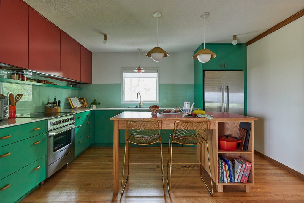 big green and red kitchen